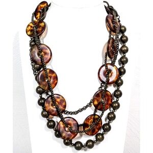 Premier Designs Bronze Faux Tortoise Shell Disc Multi Strand Necklace 18.5"